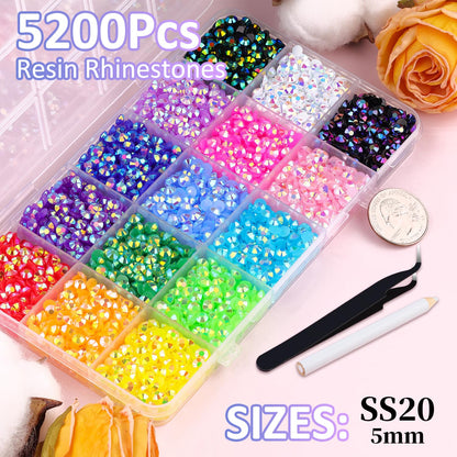 5200Pcs Resin Jelly Rhinestones for Crafting, Mixed-Color 5mm Flatback Gems, Bedazzling Crystal with 3Pcs 10ml B7000 Jewelry Glue for DIY Crafts Clothing Tumblers Shoes Nail Art