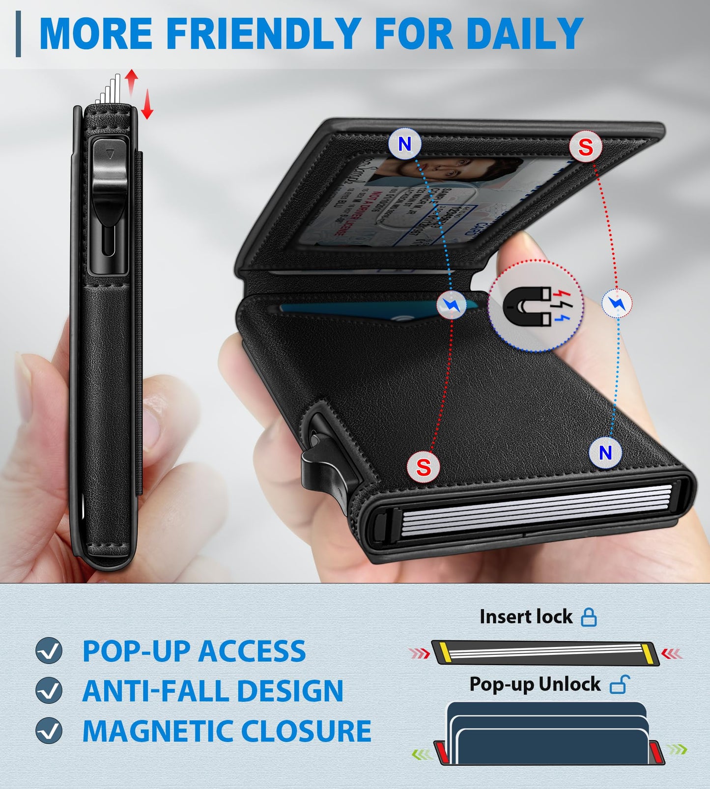 miyozi Wallet for Men, Slim Pop Up Card Holder - RFID Blocking Minimalist Bifold Wallet with ID Window, Holds 9-11 Cards & Stretchable Strap, Metal Flip Case with Magnetic Closure, Gift Box
