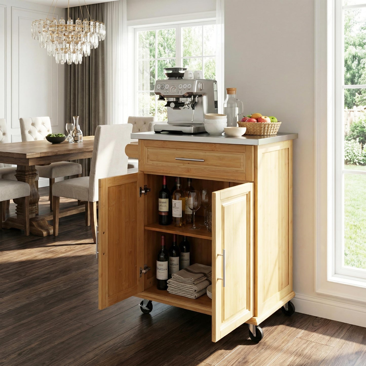 Christopher Knight Home ZAH Bamboo Rolling Cart with Drawers, Kitchen Bar Cart on Wheels with Stainless Steel Top, Mobile Rolling Kitchen Cart Storage Cabinet, Serving Cart, 29.13'' x 18.5'', Natural