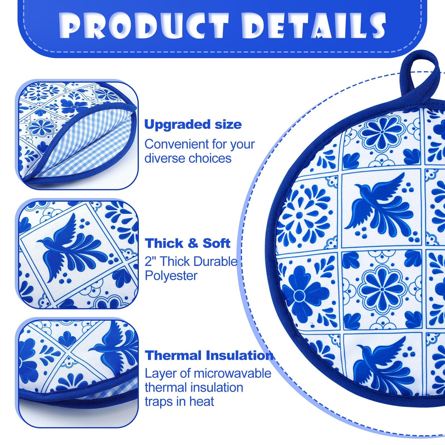 Honeydak 2 Pcs Tortilla Warmer Pouch, Mexican De Barro Talavera Pattern Microwavable Insulated Cloth Pouch for Tortillas, Tacos, Naan, and Pizza Rolls(Blue Talavera,8 Inch)