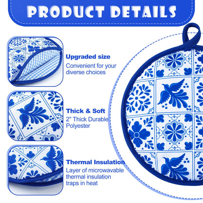 Honeydak 2 Pcs Tortilla Warmer Pouch, Mexican De Barro Talavera Pattern Microwavable Insulated Cloth Pouch for Tortillas, Tacos, Naan, and Pizza Rolls(Blue Talavera,8 Inch)