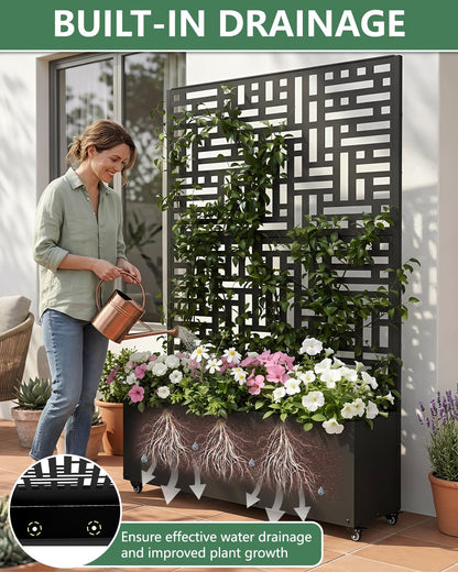 FOLAWO Metal Planter Box with Trellis,70.9"x47.2"x15.7" Raised Garden Bed with Drainage Holes, Privacy Planters for Outdoor Garden Bed for Climbing Plants,Vegetables,and Vines,2PCS,Black-Modular
