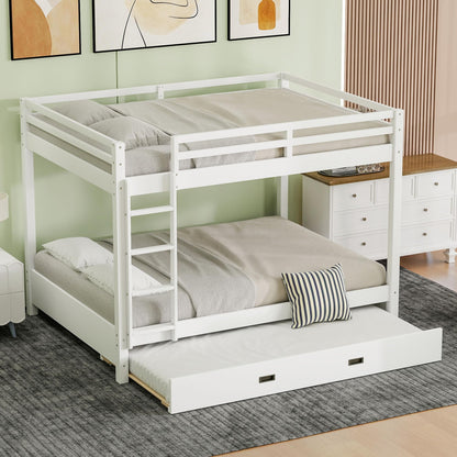Merax Modern Queen Over Queen Size Wood Bunk Bed with Ladder and Twin XL Trundle, No Box Spring Required, Space-Saving, White