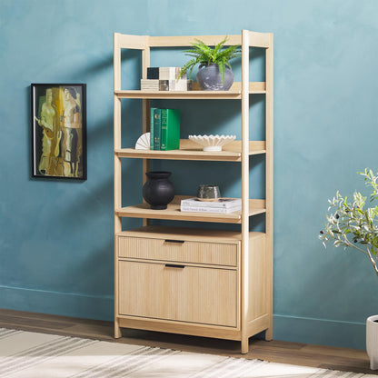 Walker Edison Transitional Open Reeded 4-Shelf Bookshelf with Drawers on Bottom, Versatile Bookcase with Bottom Storage for Home Office, Living Room, Bedroom, 33”W x 16.75”D x 70”H, Coastal Oak