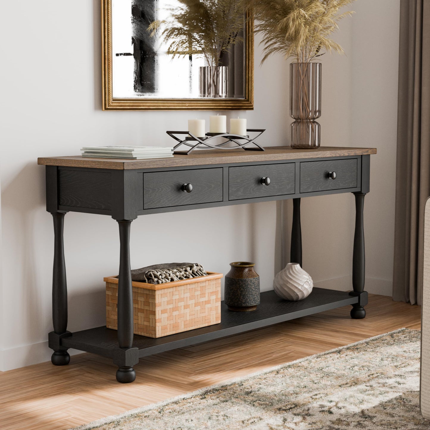 Furniture of America Narella Solid Wood 60-inch Sofa Table with 3 Drawers, Farmhouse Legs and Ball-Bearing Glide for Living Room, Weathered Black