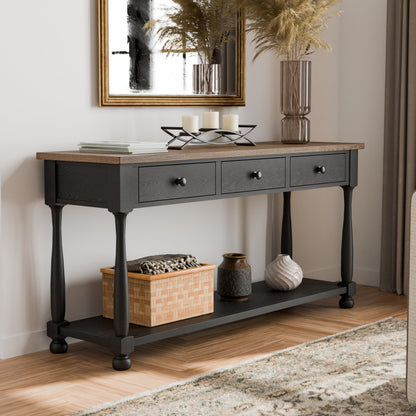 Furniture of America Narella Solid Wood 60-inch Sofa Table with 3 Drawers, Farmhouse Legs and Ball-Bearing Glide for Living Room, Weathered Black