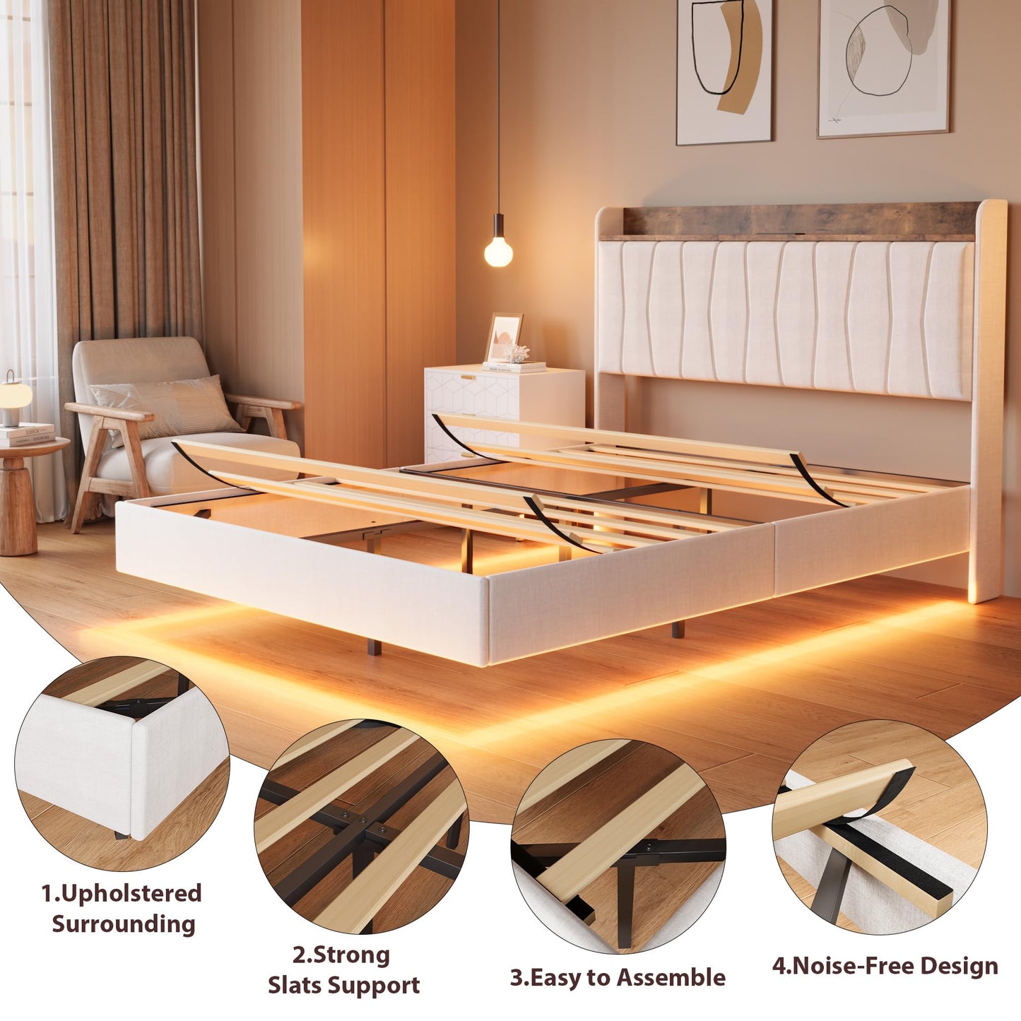 IDEALHOUSE King Floating Bed Frame with LED Lights & Charging Station, Upholstered Platform Bed with Storage Headboard, Wood Slats Support, No Box Spring Needed, Easy to Assemble, White