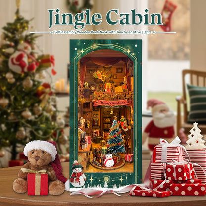 Strucwood Christmas Book Nook Kit with LED Light - 3D Wooden Puzzles Booknook for Book Shelf Decor - DIY Dollhouse Kit - Book Nooks Decor with Dust Cover Jingle Cabin(SQ-34)