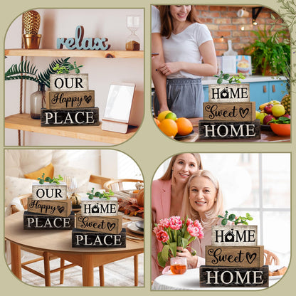 Briwooody 4 Pcs Farmhouse Wooden Table Decor Reversible Sweet Home Tiered Tray Decor Rustic Eucalyptus Leaves Wood Block Sign Gifts for Home Table Kitchen Shelf Decoration