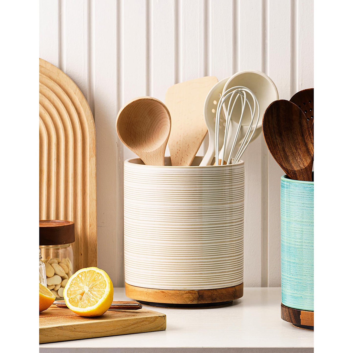Utensil Holder, 360° Rotating Extra Large Ceramic Kitchen Utensil Holder for Countertop, 7.3“ Cooking Utensil Crocks for Kitchen Counter with Rotatable Wooden Base, Farmhouse Decor, Arctic White