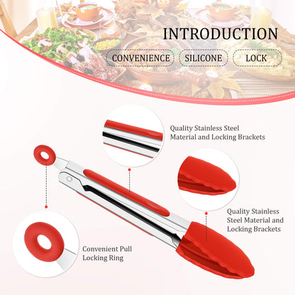 Mudder 5 Pack Mini Kitchen Tongs 7 Inch Silicone Tongs for Cooking Serving BBQ, Small Stainless Steel Food Tong with Silicone Tips for Salad, Bread, Buffet, Party & Kitchen Use(Multi)
