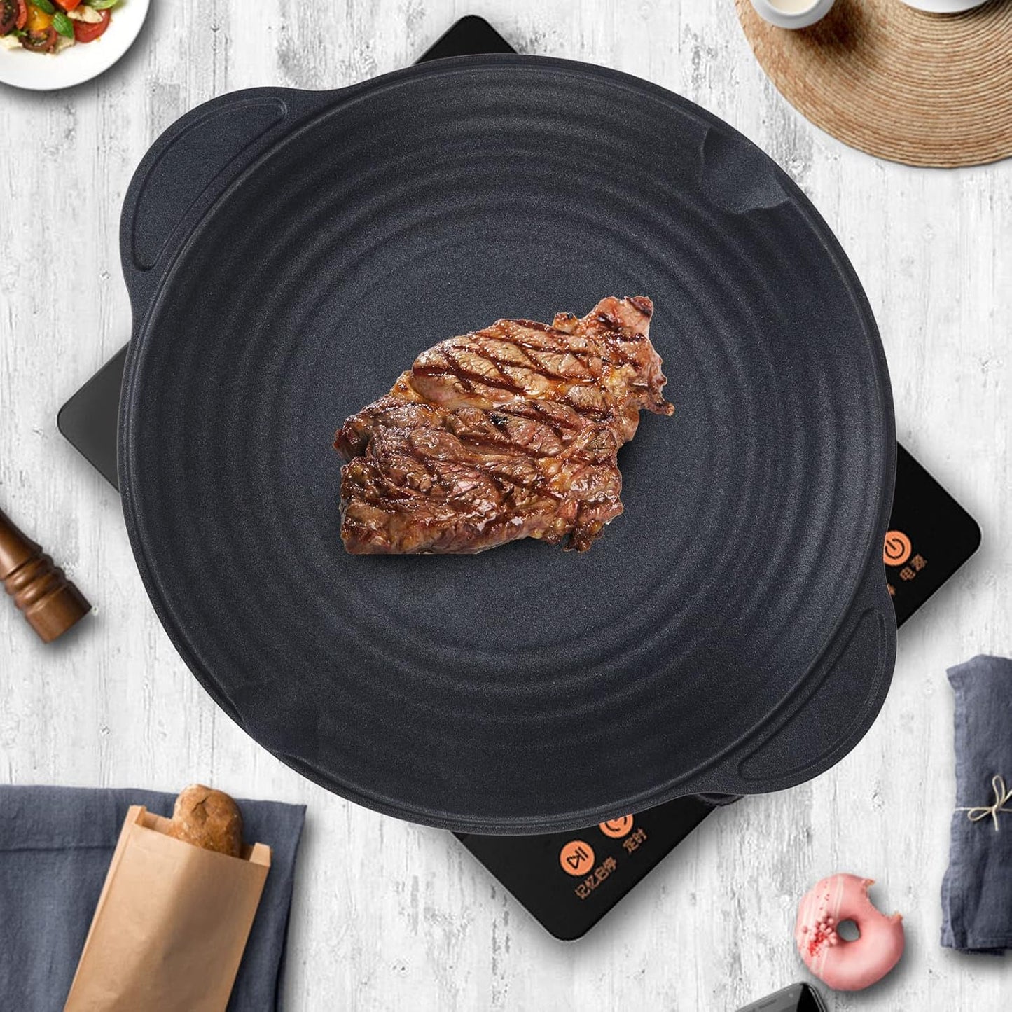 Korean BBQ Grill, Cast Iron Round Non Stick Grill Plate for Induction Cooktop and Stove