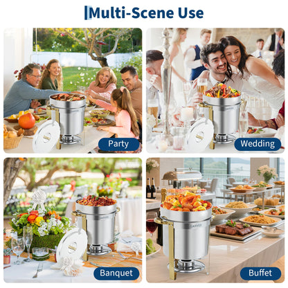 GarveeHome 11QT Round Soup Chafer Sets of 4, Commercial Soup Warmer with Pot, Notched Lids & Fuel Holders, Stainless Steel Food Warmer for Buffets Parties Wedding Banquets Catering, Gold