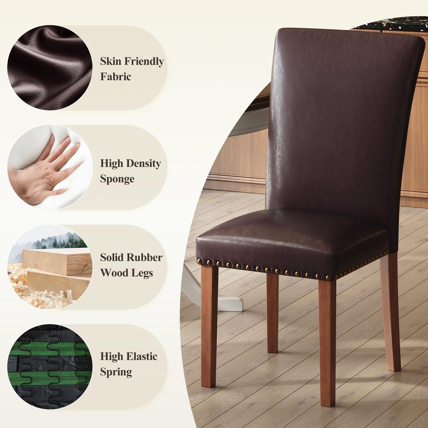 COLAMY Upholstered Parsons Dining Chairs Set of 4, PU Leather Dining Room Kitchen Side Chair with Nailhead Trim and Wood Legs - Dark Brown