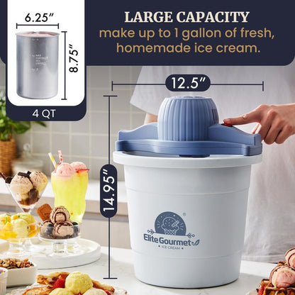 Elite Gourmet 4Qt Electric Ice Cream Maker EIM350 Delicious Homemade Ice Cream, Gelato, Sorbet, Frozen Yogurt, 4Qt Aluminum Freezing Cannister, Durable Plastic Ice Bucket, Powerful 50W, Periwinkle