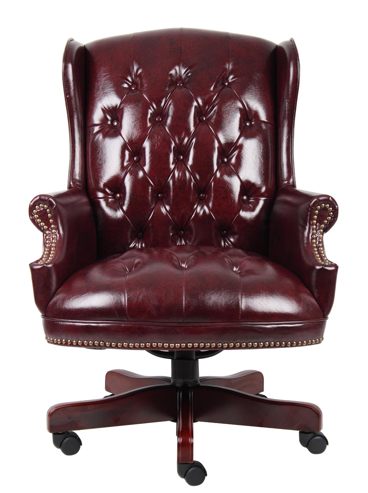 Scranton & Co Traditional Faux Leather Executive Chair, 30" W x 32" D x 41-44" H, Oxblood Red Finish, Tufted Wingback Design, Mahogany Wood Accents, Adjustable Height, Office Desk Chair