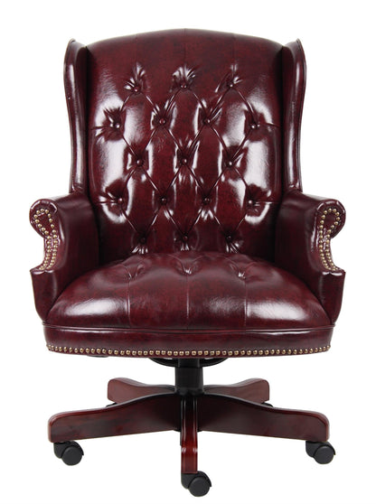 Scranton & Co Traditional Faux Leather Executive Chair, 30" W x 32" D x 41-44" H, Oxblood Red Finish, Tufted Wingback Design, Mahogany Wood Accents, Adjustable Height, Office Desk Chair