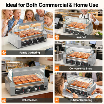 Seeutek Hot Dog Roller 7 Rollers 24 Hot Dogs Capacity 1100W Stainless Hot Dog Toaster With LED Light, Hot Dog Machine W/Dual Temp Control Glass Hood Acrylic Cover Warmer Shelf Removable Oil Drip Tray