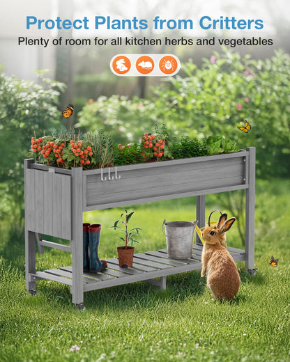 YEFU Raised Garden Bed with Legs: 57x18x30in Elevated Poly Planter with Wheels,Waterproof Mobile Raised Bed Garden, Elevated Planter Box Stand with Storage Shelf,for Deck,Patio,Porch,Yard (Grey,2pcs)