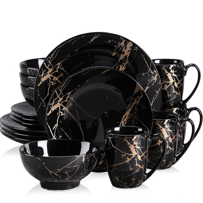 LOVECASA Black Plates and Bowls Sets for 4, Porcelain Dinnerware Sets 16 Piece Gold Splash Glaze Ceramic Dish Set, Round Dinner Set with Mugs, Dishwasher Microwave Safe