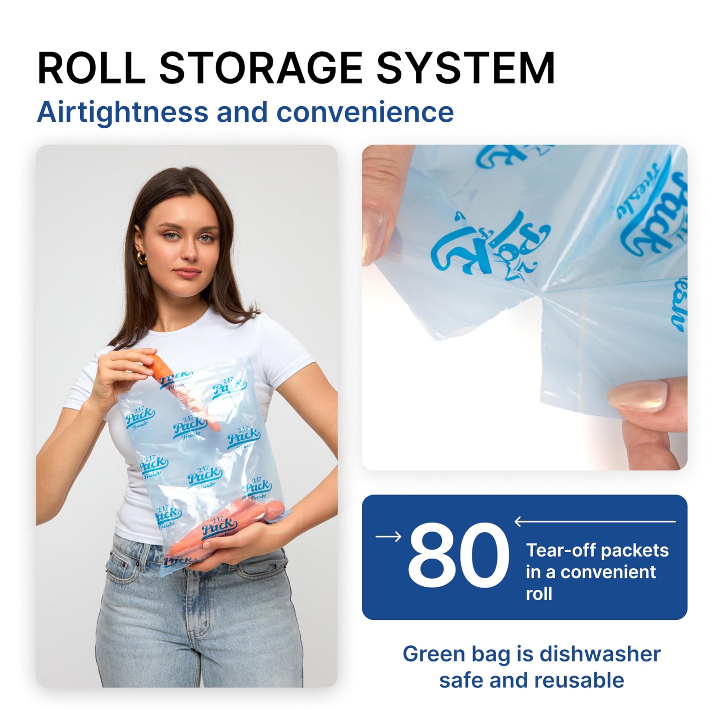 Freshpack 247 Produce Storage Bags Roll 10 x 14 Inches 1 Gallon 80 Pack Tear Off Reusable Food Storage Bags With Zipper, Bread Keeper Bag For Fruits Vegetables Meal Prep Pantry Use