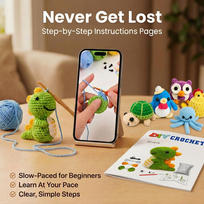 Crochet Kits for Begainners – 6 pcs Animal Amigurumi Set, 6 pcs Zipper Bag, Beginner Crochet Starter Pack for Adults & Kids, Learn to DIY Craft Stitch with Yarn, Hooks, Stuffing & Paper Instructions