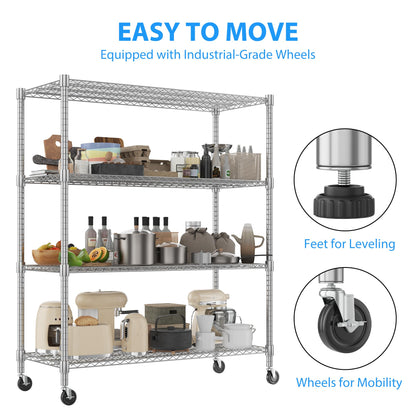 Homdox 4-Tier Heavy Duty Metal Shelves with Wheels - 2400LBS Commercial Adjustable Shelves for Garage, Pantry, Kitchen - 24"x60"x72", Chrome