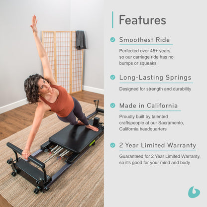 Balanced Body Metro IQ Pilates Reformer with Library Wheels, Pilates Exercise Equipment, Workout Equipment for Home or Studio, Black Upholstery, 96" L x 23" W x 6" H