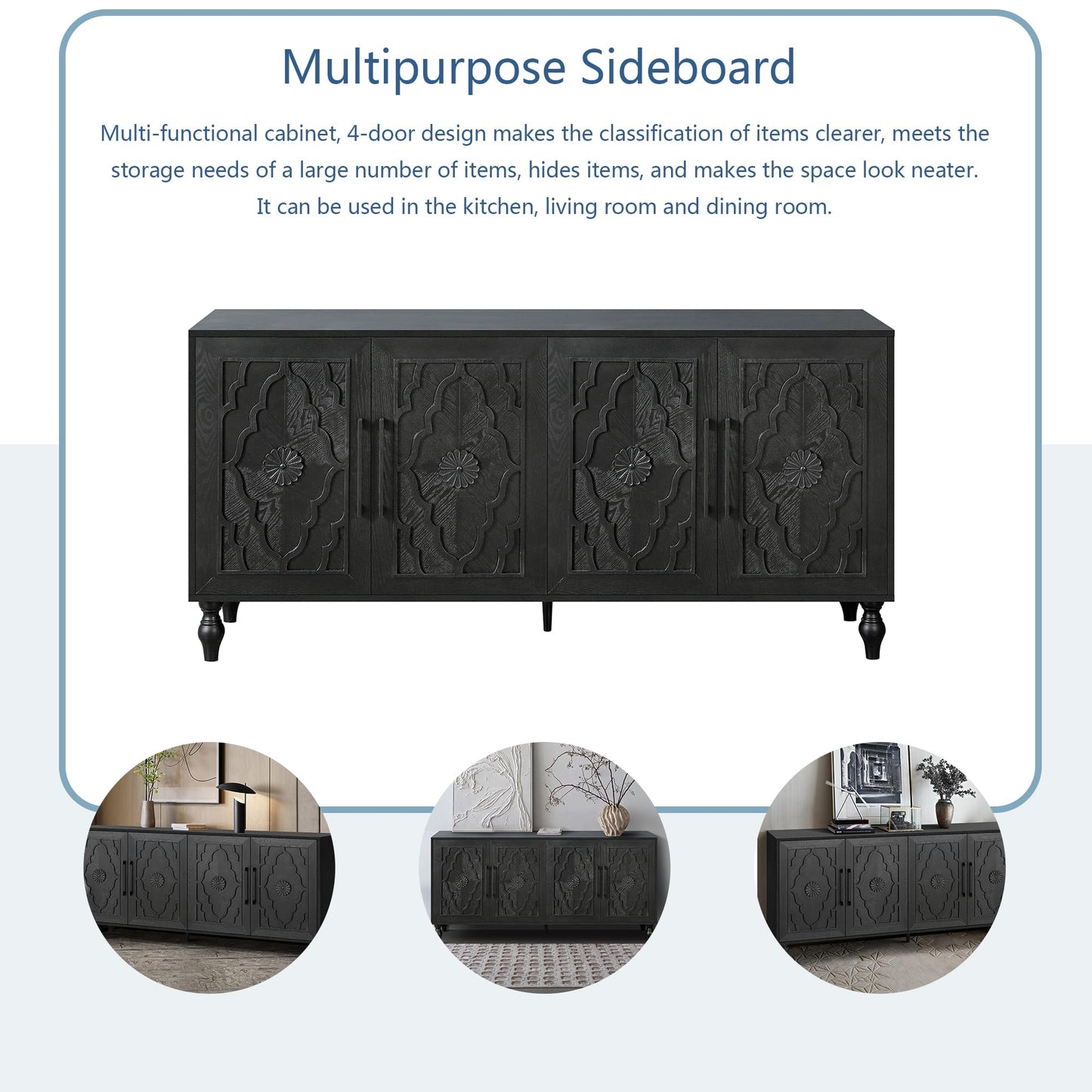 YOPTO Wood Storage Sideboard with Three Tempered Glass Doors and Adjustable Shelf,Large Buffet Cabinet W/Carved Flower Door for Living Room,Kitchen,Entryway,Black
