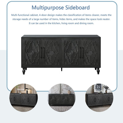 YOPTO Wood Storage Sideboard with Three Tempered Glass Doors and Adjustable Shelf,Large Buffet Cabinet W/Carved Flower Door for Living Room,Kitchen,Entryway,Black