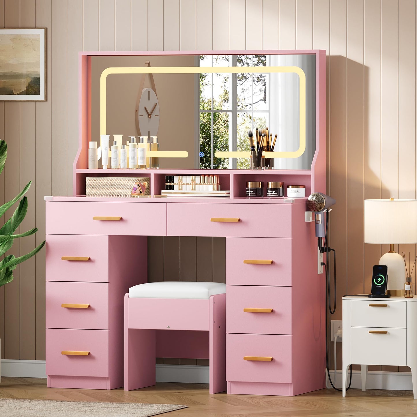 GAOMON Makeup Vanity Desk with Large Lighted Mirror, Vanity Desk with Glass Tabletop, 8 Drawers & 3 Storage Shelves, Vanity Set with Built-in Power Outlet for Bedroom & Dressing Area, Pink
