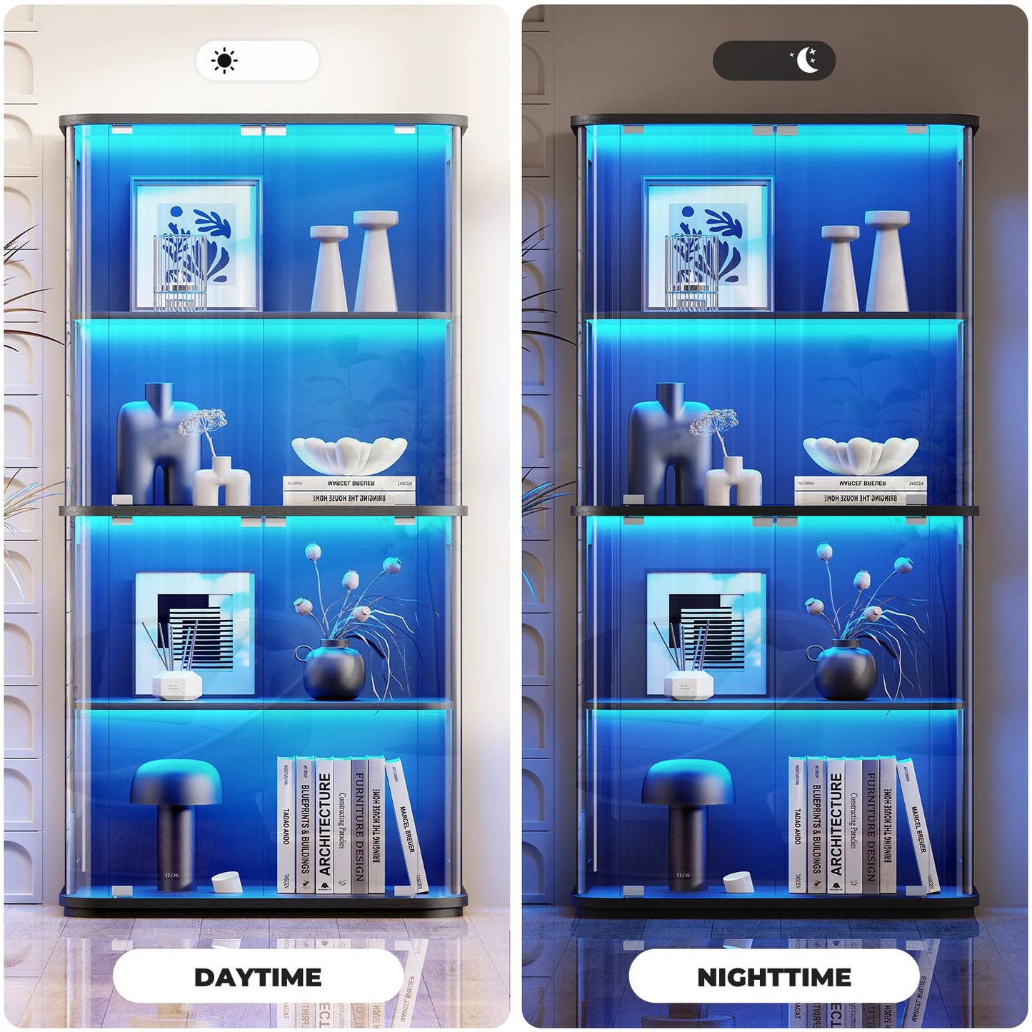 BROTTAR Rounded Display Cabinet with Glass Door, 4-Tier Curio Cabinet with Transparent Full-Display Surface for Collectibles, Glass Display Case with 3 Color Lights, Human Body Sensor, Black