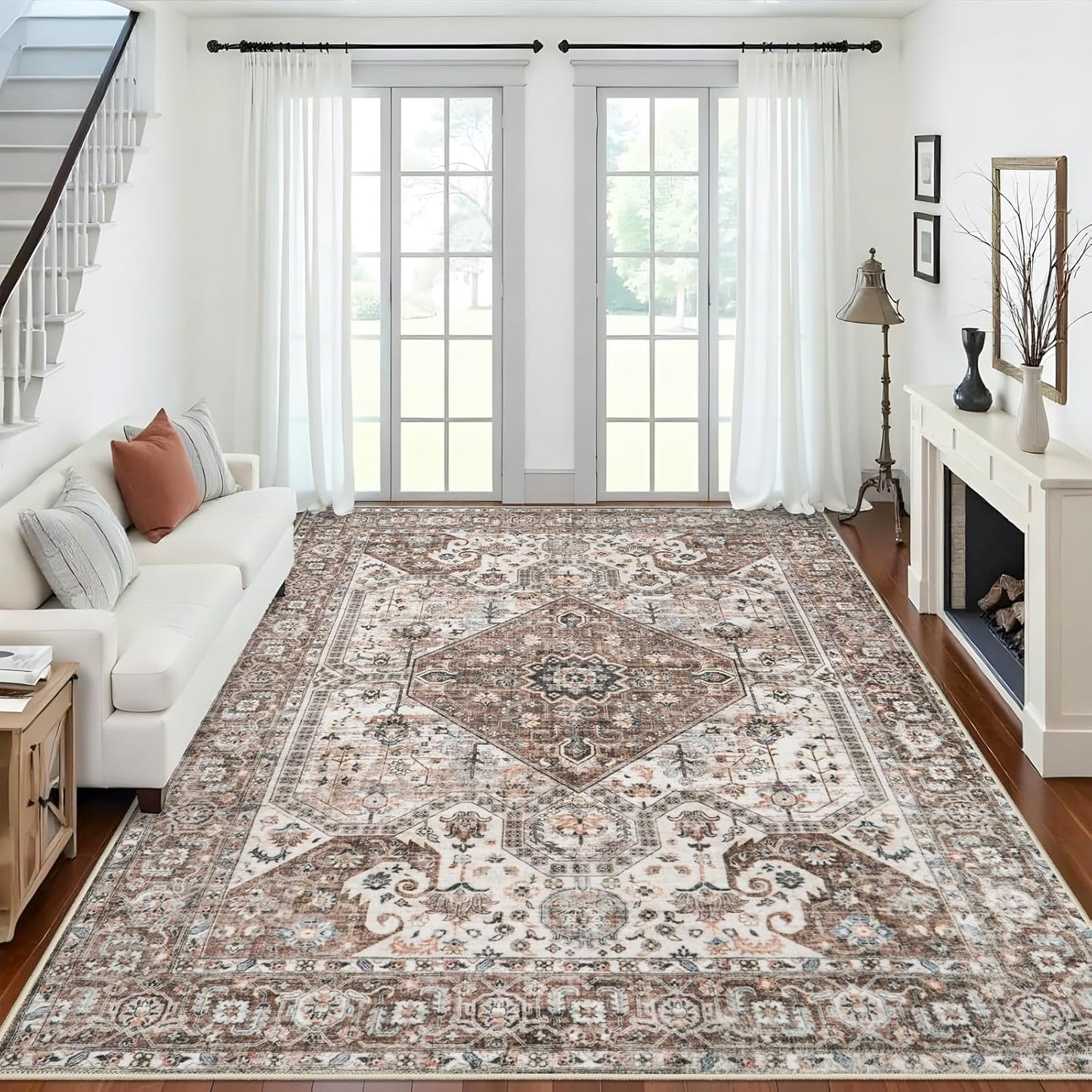 Skiennix Washable 9x12 Large Area Rug - Vintage Non-Slip Medallion Design for Living Room & Bedroom