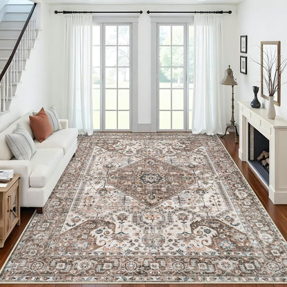 Skiennix Washable 9x12 Large Area Rug - Vintage Non-Slip Medallion Design for Living Room & Bedroom