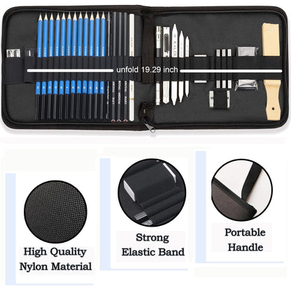 KALOUR 33 Pro Drawing Kit Sketching Pencils Set,Portable Zippered Travel Case-Charcoal Pencils, Sketch Pencils, Charcoal Stick,Sharpener,Eraser.Art Supplies for Artists Beginner Adults Teens