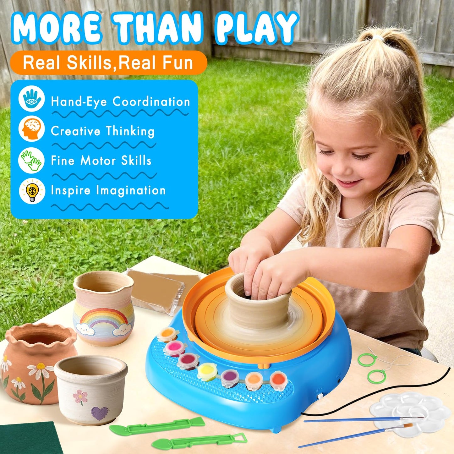 Pottery Wheel for Kids Complete DIY Pottery Painting Kit, Arts and Crafts for Kids Ages 8-12 with 3 Air-Dry Clay Packs and Tools, Art Supplies Toys Birthday Easter Gift for Boys Girls 6+ Years Old