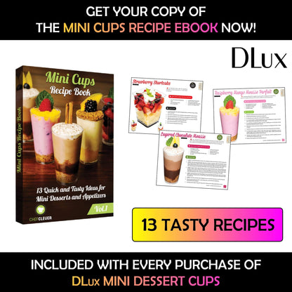 DLux 100 x 3 oz Mini Dessert Cups with Spoons, Square Tall - Clear Plastic Parfait Appetizer Cup - Small Reusable Serving Bowl for Party Desserts Appetizers - with Recipe Ebook