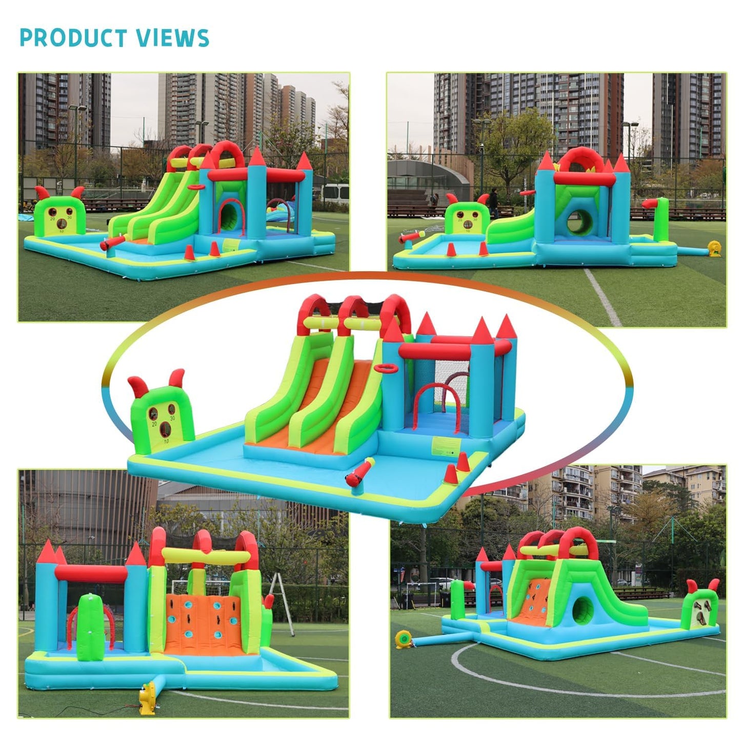 JOOLOOG Inflatable Water Slide Park 18x15FT Mega Water Park Bounce House w/Double Waterslide Large Splash Pool, Deep Pool, Shower,Water Cannon,Climbing Wall and Jumping Bouncer for Backyard Outdoor