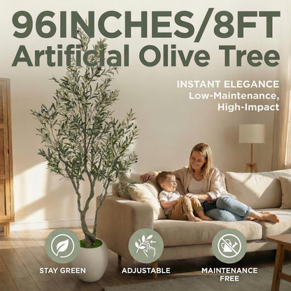 Huhemy 8ft Faux Olive Tree Artificial Indoor,Fake Olive Tree with Pot,Large Olive Branches and Lifelike Fruits,for Home Office House Living Room Decor