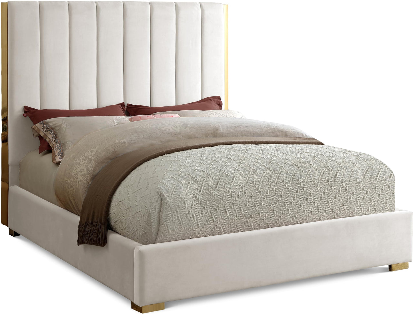 Meridian Furniture Becca Collection Modern | Contemporary Velvet Upholstered Bed with Deep Channel Tufting and Polished Gold Metal Frame, Cream, Full