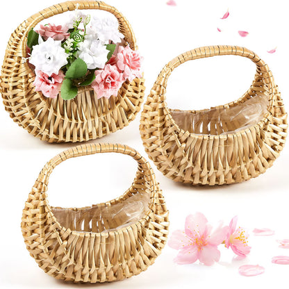 Taiyin 3 Pack Rattan Flower Girl Basket Half Moon Straw Wicker Basket with Handle 6.7" x 6.5" x 4.3" Ideal for Wedding Flower Girl, Picnic, Garden Storage and Home Decor (Nature)