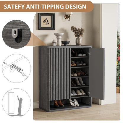 Garvee 31.5 Inch Shoe Cabinet, Large Shoe Storage Cabinet with Adjustable Shelves, Wooden Shoe Organizer with Fluted Door Holds 25–30 Pairs for Entryway & Living Room,Grey