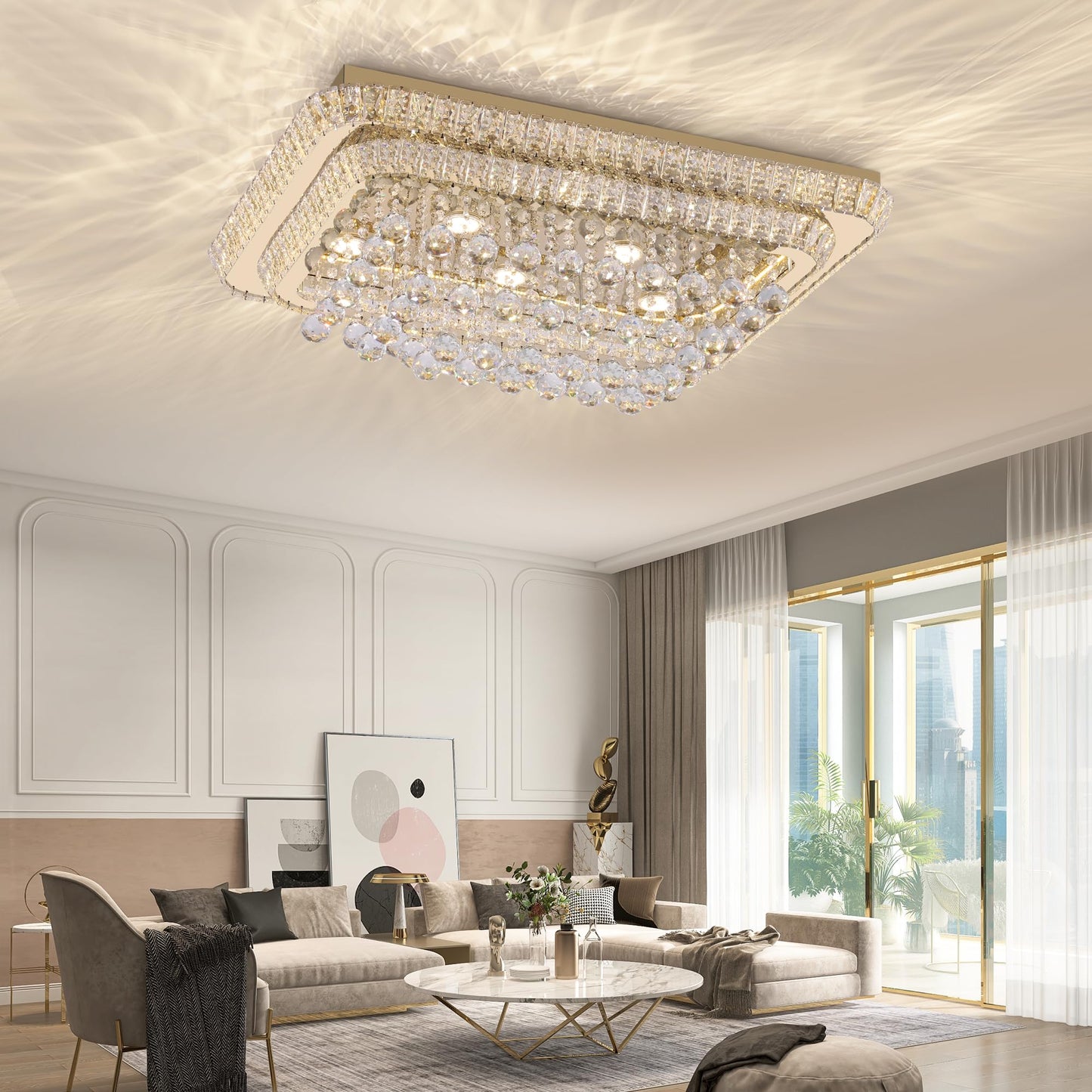 32 inch Crystal Flush Mount Chandelier, Modern Raindrop Crystal Gold Chandeliers with Remote and APP, 3 Colors Temp & Brightness Adjustable, Ceiling Light for Bedroom Hallway DiningRoom Living Room