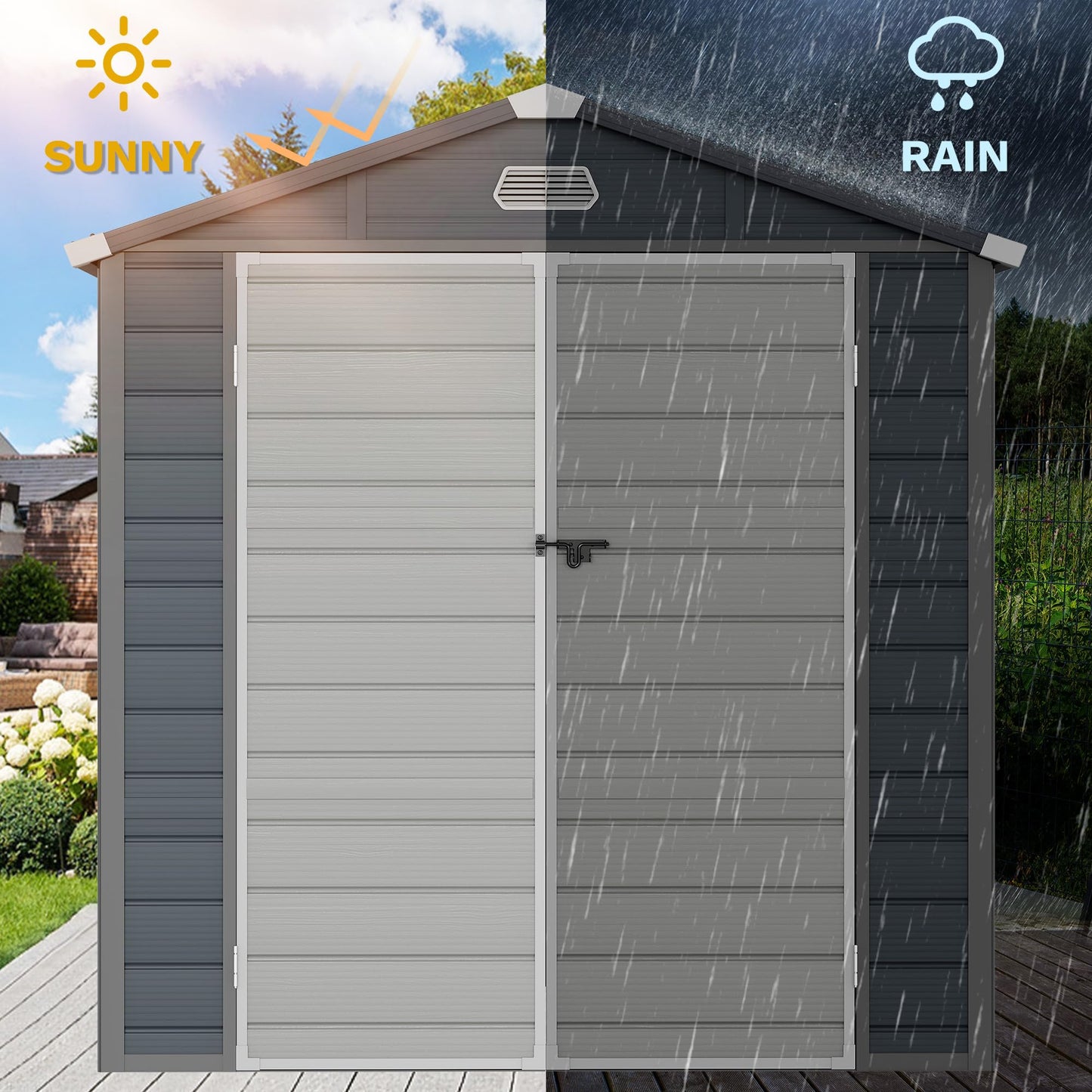 DWVO 8x9FT Outdoor Storage Shed w/o Floor, All-Weather Plastic Shed with Window, Vents & Lockable Doors, Plastic Tool Shed for Backyard, Patio, Lawn, Gray