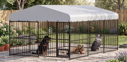10x15 ft Outdoor Dog Kennel Heavy Duty Metal Dog Run Enclosure with Waterproof Cover & Feeding Door, Large Dog Kennel Outdoor with Lockable Gate for Backyard, Garden, Chicken Coop Run