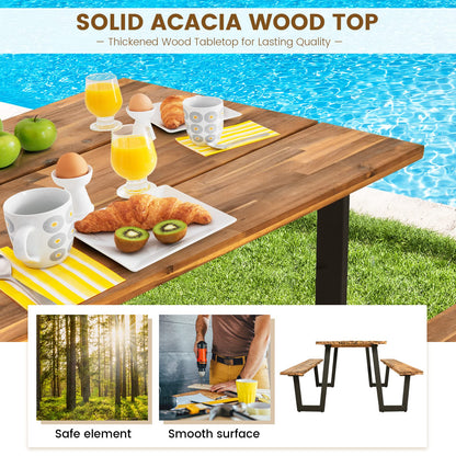 HOMGX Picnic Table, 6 Ft Dining Table with 2 Umbrella Hole, Table Bench Set with Heavy-Duty Metal Frame, Acacia Wood Picnic Table for Outdoor, 6-8 Person, Patio, Lawn, Party, Garden, Natural & Black
