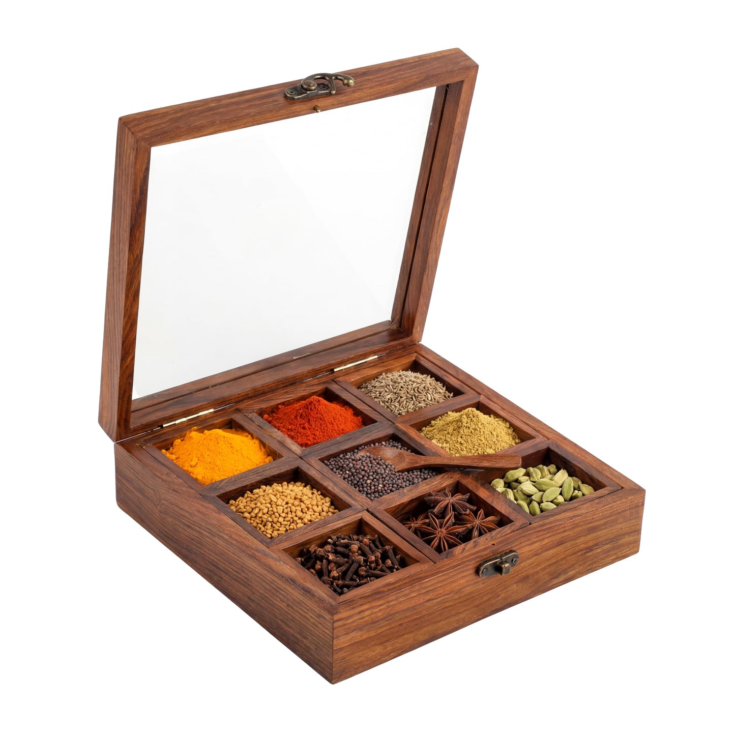 INTAJ Wooden Spice Box Organizer Square Masala Dabba 9 Compartment Seasoning Herb Container Cabinet Pantry Drawer Rack Storage Countertop Shelf Gift For Kitchen Home Cooks Display Set Organiser