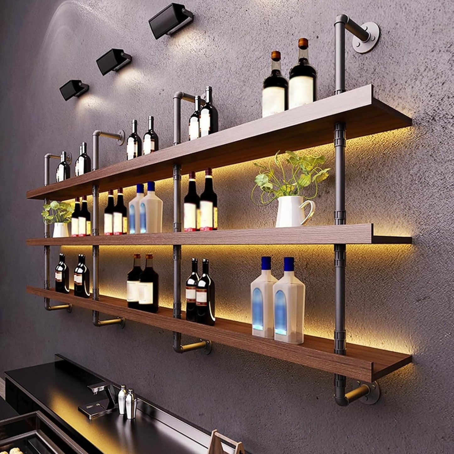 Dawselod 62.9in Large Wine Rack with LED Light Solid Wood Wall Mounted Wine Rack, 3-Tiers Liquor Bottles Floating Shelves Display Storage Organizer for Home Bar & Dining Room (160cm/62.9in)