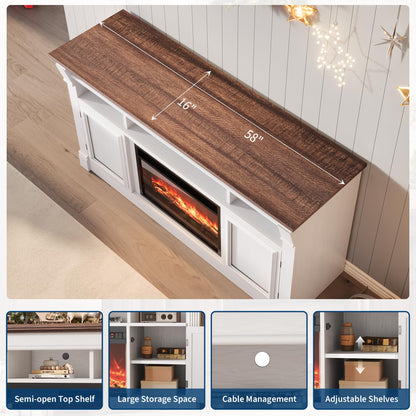 GarveeHome 58" Farmhouse Electric Fireplace TV Stand for TV Up to 65", Entertainment Center Console Table with Open Storage Shelves and Cabinets for Living Room