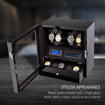 4 Watch Winder with 5 Watch Storage Space, LCD Display, Touch Control and Interior Light (Black + Black)